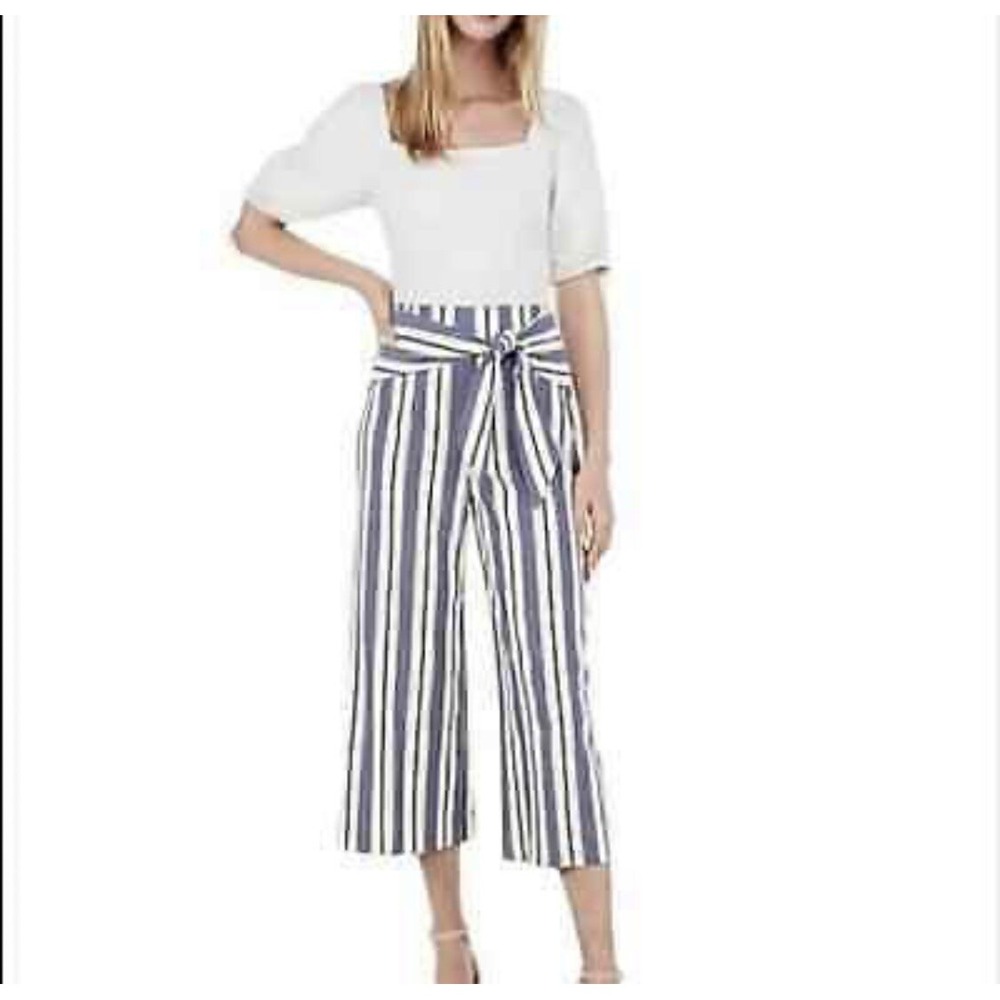 Express High Waist Rise Blue White Stripe Cropped Culottes Pant Bow Womens sz 12